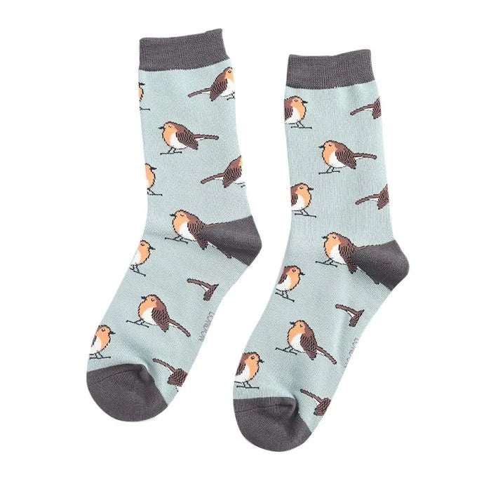 Miss Sparrow - Bambus Socken mit Motiv - Robins - Colour: Duck egg