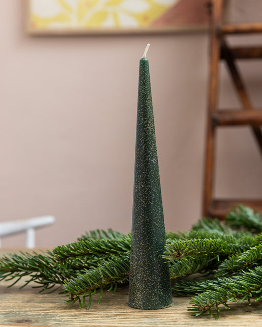 Kegel-Kerze mit Glitzer - grün