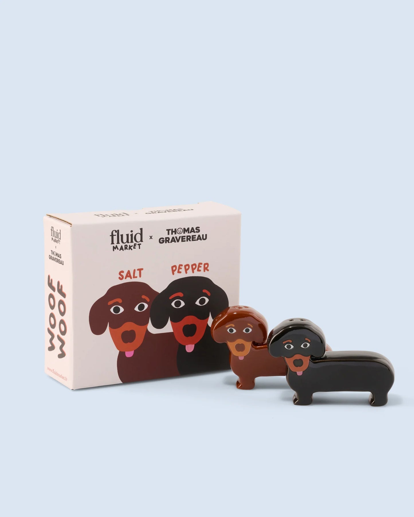 Salz und Pfefferstreuer aus Keramik in Dackel-Form in den Farben Braun und Schwarz mit Verpackung