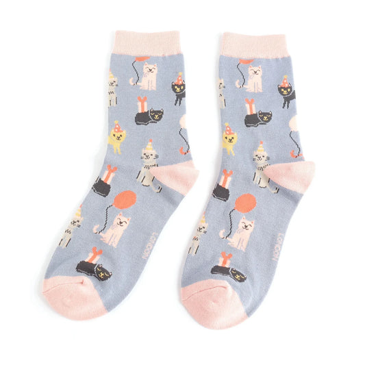Miss Sparrow - Bambus Socken mit Motiv - Party Cats - Colour: Denim