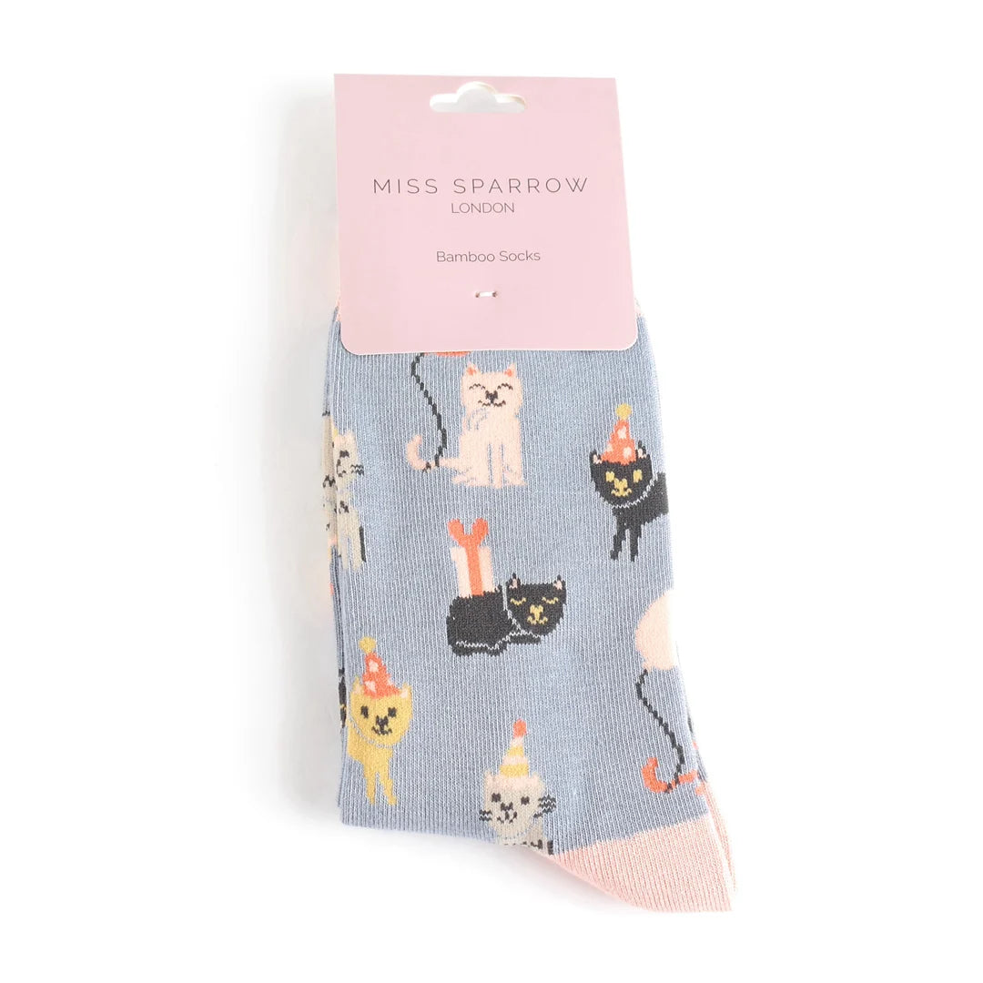 Miss Sparrow - Bambus Socken mit Motiv - Party Cats - Colour: Denim