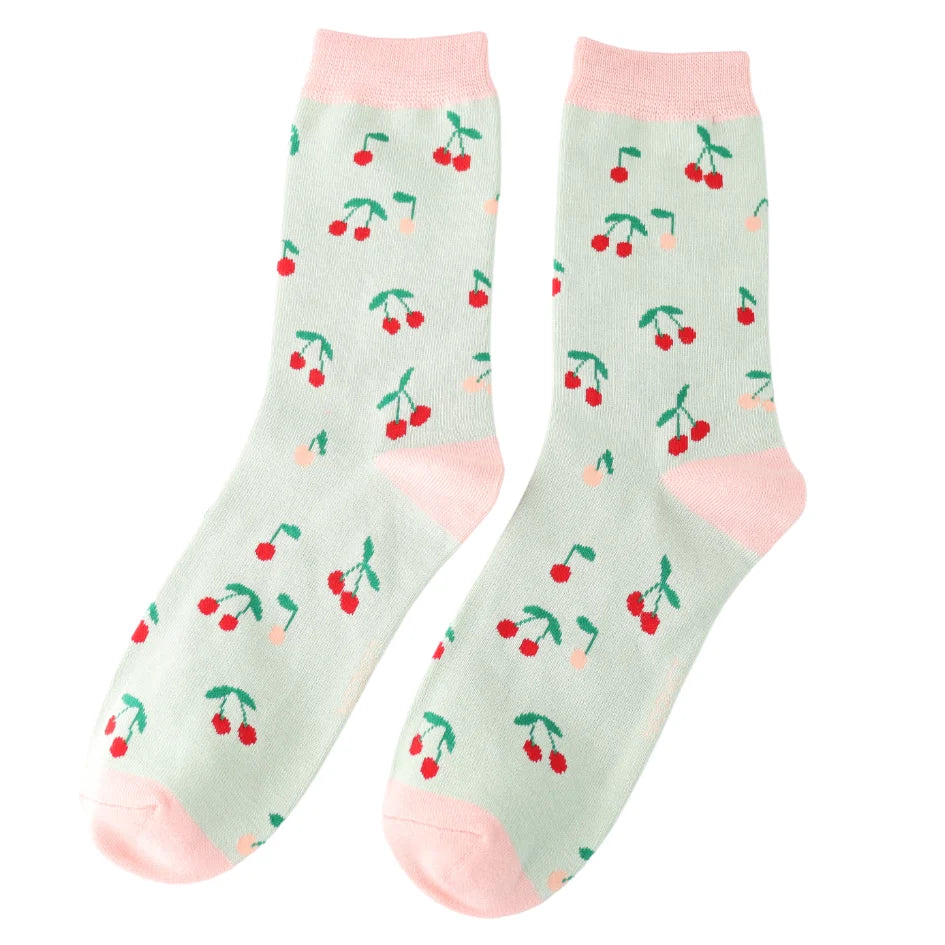 Miss Sparrow - Bambus Socken mit Motiv - Mini Cherries - Color: Mint