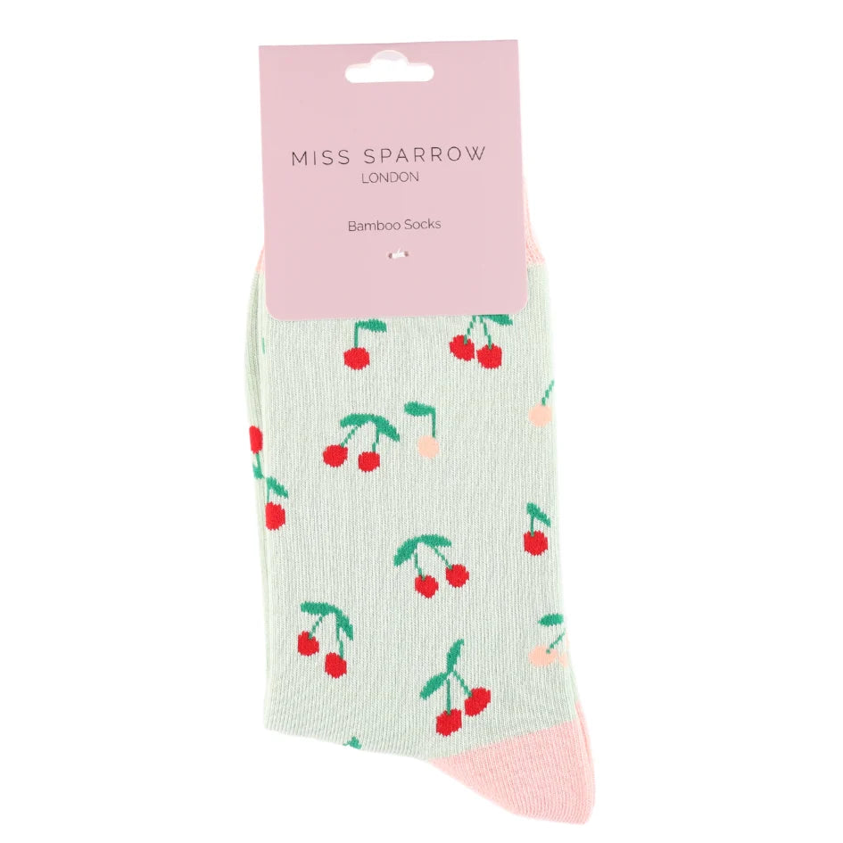 Miss Sparrow - Bambus Socken mit Motiv - Mini Cherries - Color: Mint