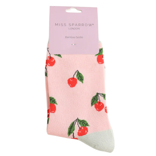 Miss Sparrow - Bambus Socken mit Motiv - Cherries - Colour: Pale Pink