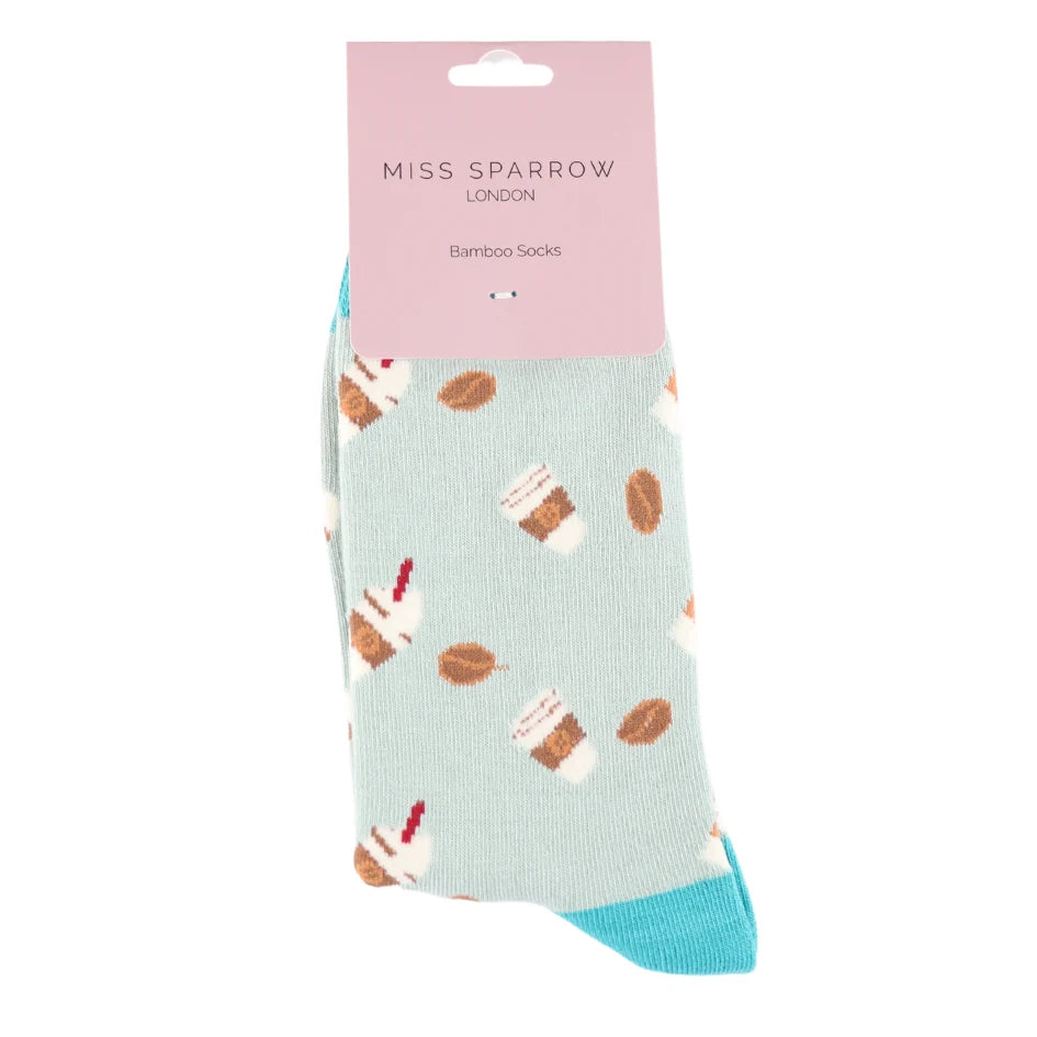 Miss Sparrow - Bambus Socken mit Motiv - Takeaway Coffee - Colour: duck egg