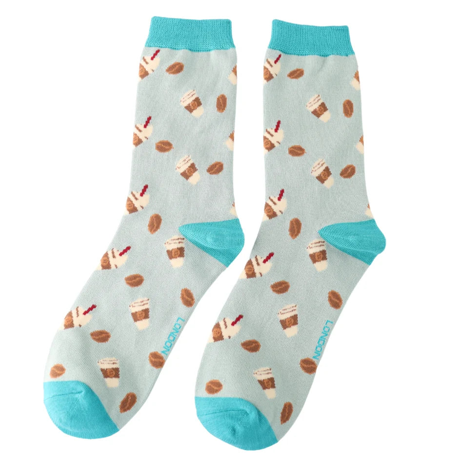Miss Sparrow - Bambus Socken mit Motiv - Takeaway Coffee - Colour: duck egg